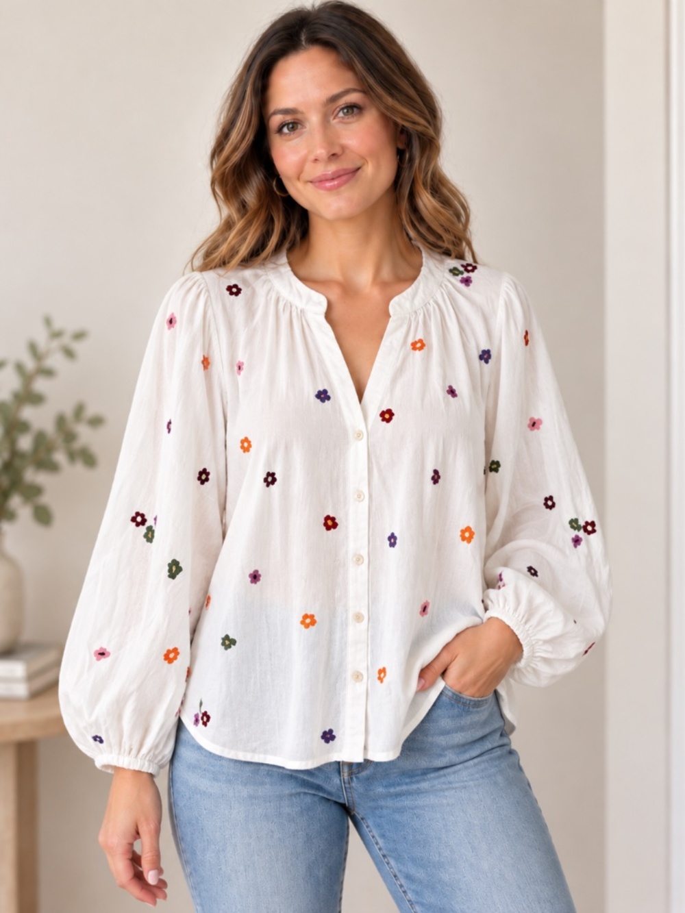 Velvet by Graham & Spencer White Floral Embroidered Balloon Sleeve Blouse L NWT